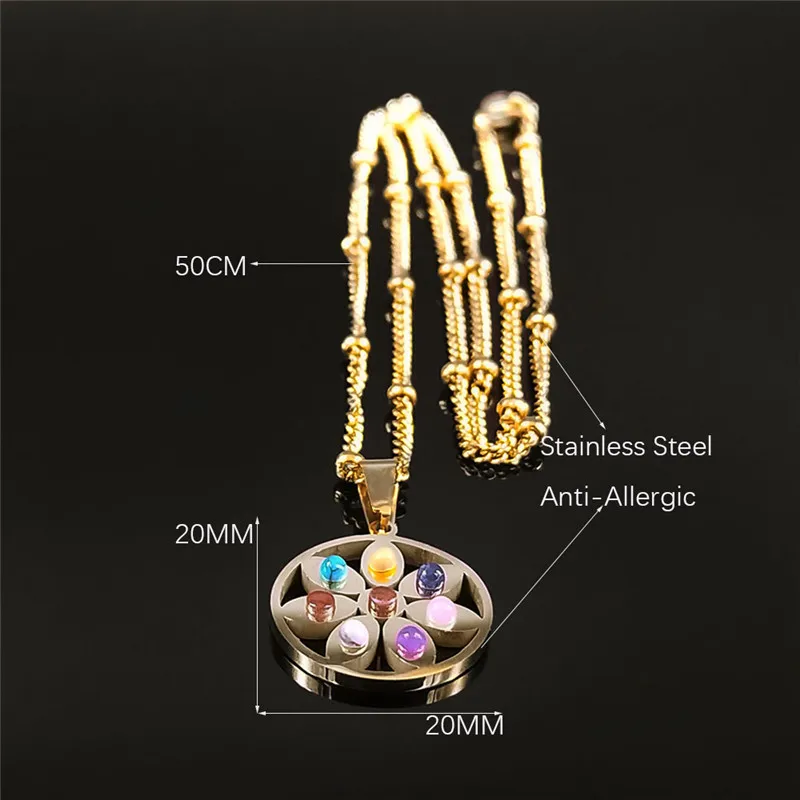 

2021 Flower of Life Seven Chakras Stainless Steel Charm Necklace Gold Color Statement Necklace Women Jewelry collier femme NXS02