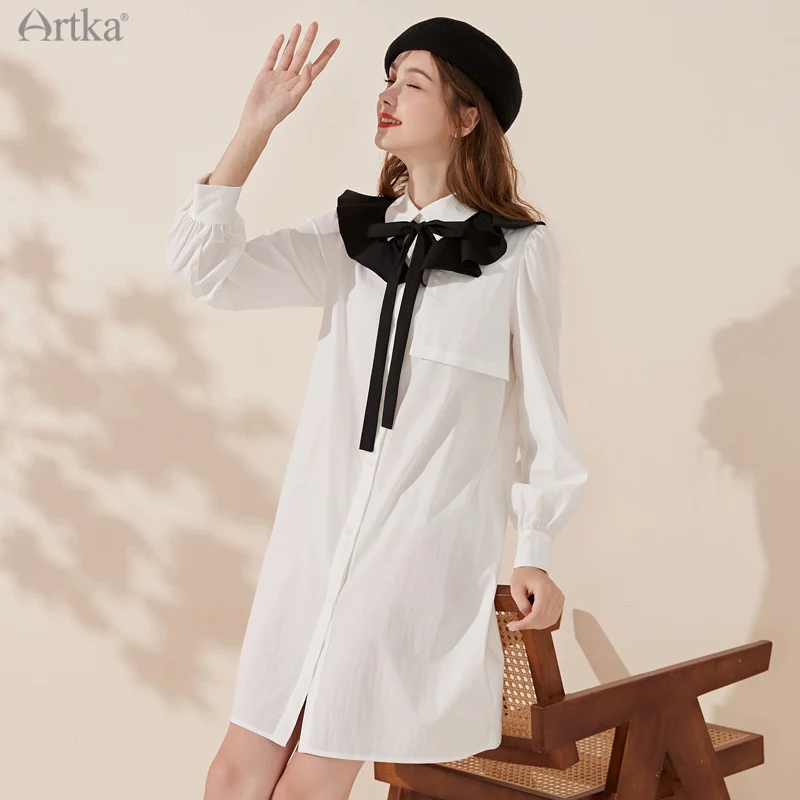ARTKA 2022 Spring New Women Dress Fashion Elegant Simple White Shirt Dresses Loose Straight Midi Dress With Ruffle Neck LA22011Q