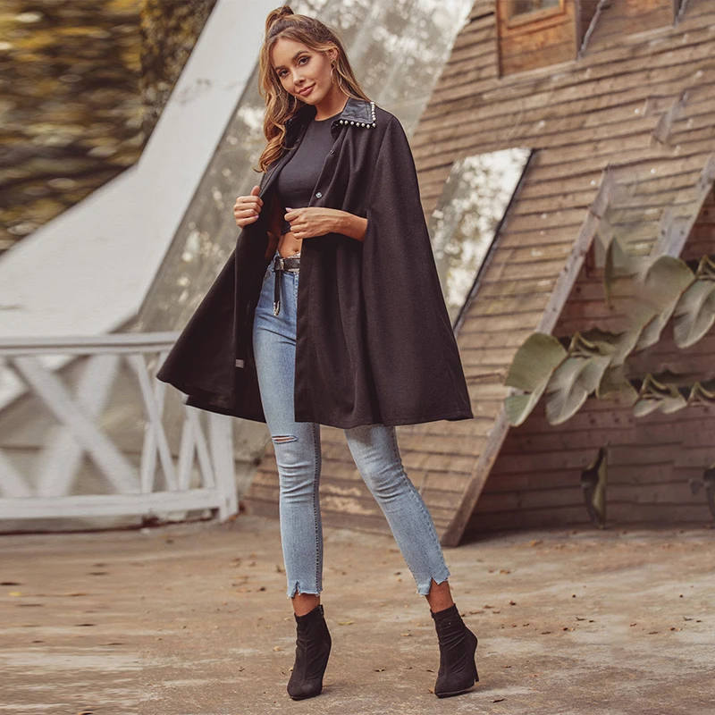 

trendy black winter coat women long length batwing sleeve single breasted turn down collar woolen outwear