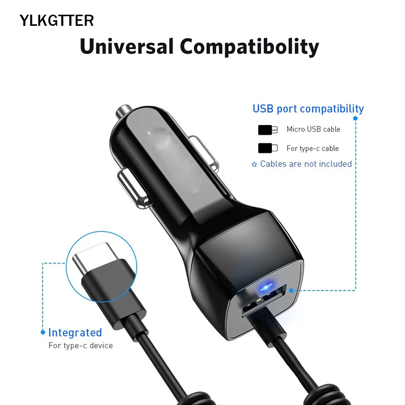 YLKGTTER USB Output 2.4A Smart Car Charger for Iphone X/11 XIAO MI Note 10 Huawei High Current Mini CarCharger with Spring Line |