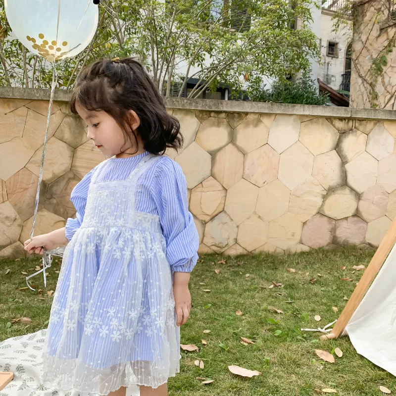 Spring New Arrival Korean style cotton striped matching flowers mesh princess long sleeve dress for cute sweet baby girls | Детская