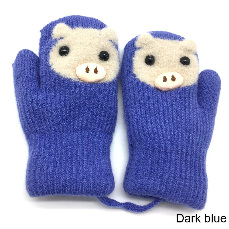 dark blue YEABIU/зимние уличные детские вязаные утолщенные перчатки для мальчиков и девочек Теплые детские перчатки с веревкой, детские перчатки с рисунком свинки, детские перчатки - Цвет: dark blue