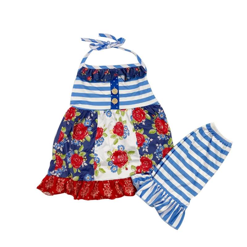 

New Fashion Hot Sale Sling Flower Stitching Stripe Ruffled Children's Clothes Set