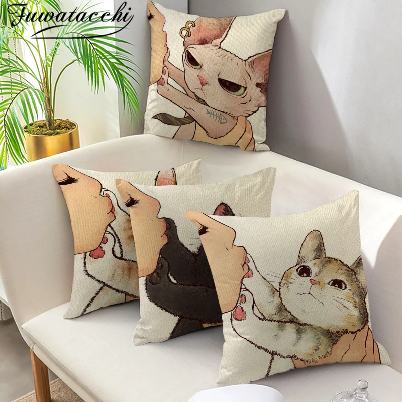 

Fuwatacchi Cushion Cover Cartoon Cute Cat Linen Pillows Cases For Sofa Home Car Pillow Covers Decor Pillowcase 45x45cm