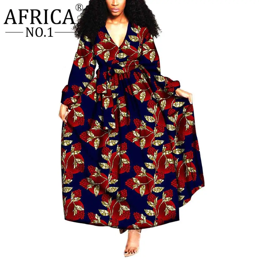 

Long Sleeve Party Dress Floor length High waist African Floral Print V neck Female Robe Vestidos Attire Street Wear Wax V2025016