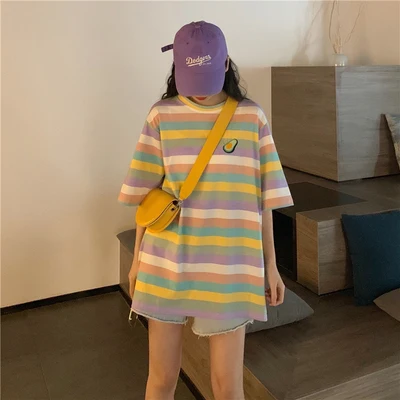 Casual Loose Lemon Avocado Embroidered Colorful Striped Summer Spring 2020 New Arrival Hot Sale Women Top T-shirts | Женская одежда