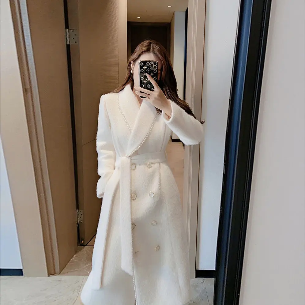 

Women 2021 Spring Autumn Mink Cashmere Wool Coat Female Turn-Down Collar Double -Breasted Overcoat Elegant Woolen Outerwear A800