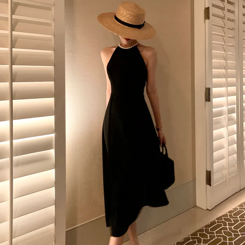 

Korean One Piece Chic Designer Sexy Black Long Dress Elegant Evening Sleeveless Halter Dress Female Slim Party Prom Dresses 2021