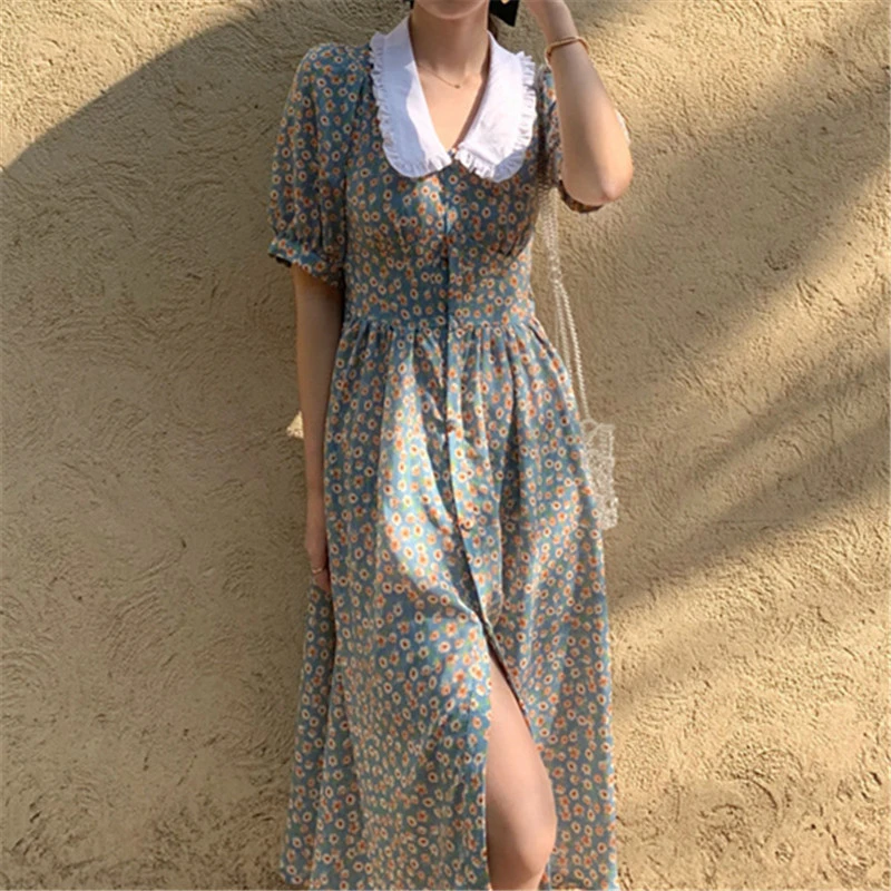 

Women Chiffon Dress 2021 Summer Fashion Female Puff Sleeve Vintage Floral Print Peter Pan Collar Boho Dress Casual Vestidos