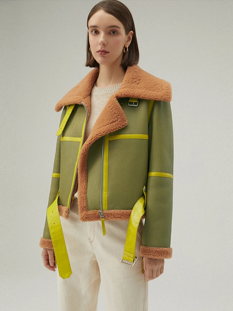 2020 New Womens Shearling Coat Short Leather Jacket Winter Fur Coat Fashion Motorcycle Jacket Green Bomber Jacket Womens