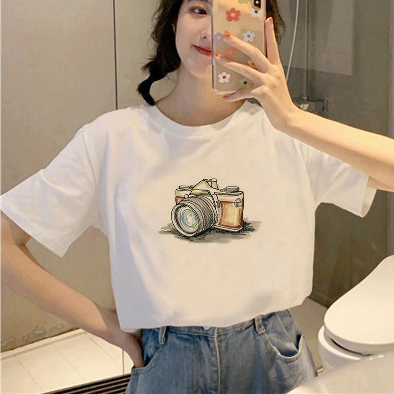 

Casual Women T Shirt Camera Graphic Print Summer Short Sleeve 2021 Korean Fashion Tshirts Kawaii Cute Girls Top Tee T-Shirts