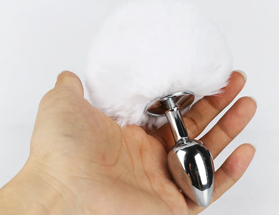 Заячий хвост белый кролик Анальная пробка нержавеющая сталь и силиконовый