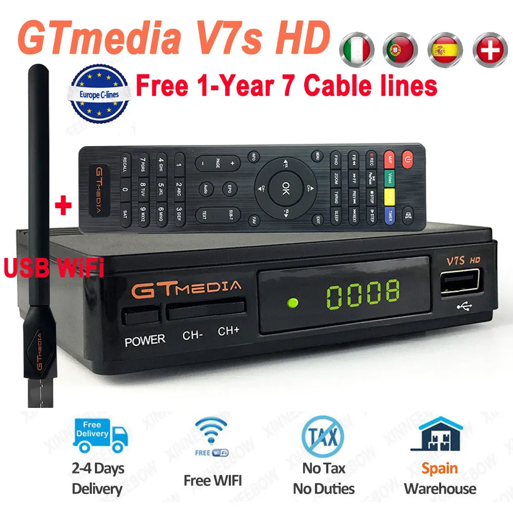 GTmedia V7S HD цифровой спутниковый ресивер бесплатно 1 год Европа 7 кабельных линий DVB-S2 V7S HD Full 1080P+ USB WiFi обновление Freesat - Color: Gray