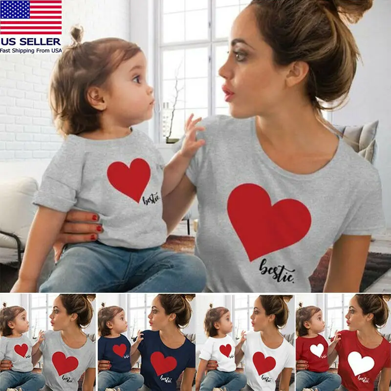 

2019 модные Семейные одинаковые наряды для родителей, детей, матери и дочери, подходящая одежда, футболка с принтом в виде сердца, топы, блузка,...