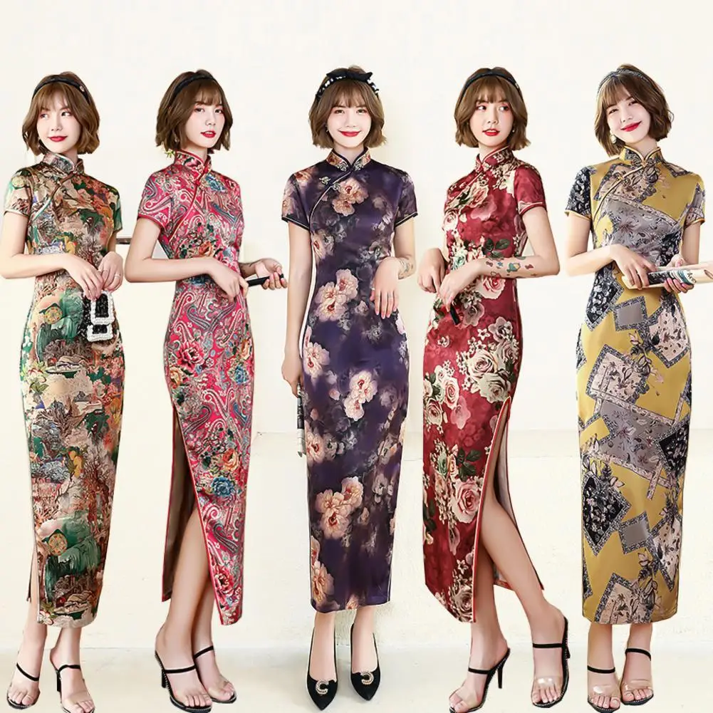

Women Cheongsam Floral Print Slim Short Sleeve Splits Midi Dress for Party