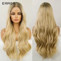 emmor synthetic t part lace wigs long wavy ombre brown to blonde wig fashion middle part nature hair wig for women daily wig