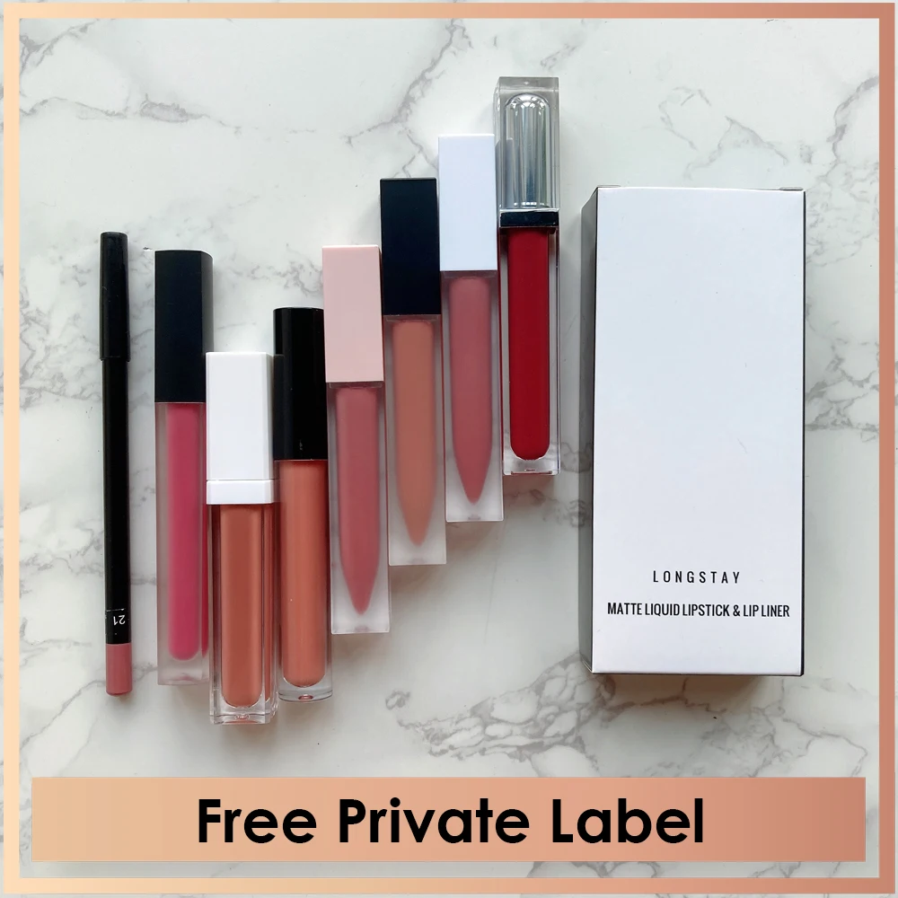 

Wholesale Luxury Nude Matte Liquid Lipstick with Matching Lip Liners Free Custom Logo Printed Label Makeup Set Several Tubes