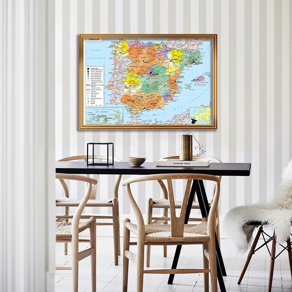 

90*60cm The Spain Political Traffic Route Map In French Wall Art Poster Canvas Painting Home Decor School Supplies