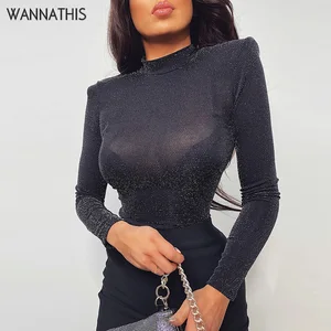 WannaThis сексуальное Сетчатое боди для женщин с длинным рукавом и круглым вырезом, весна-осень, новый тонкий облегающий черный элегантный повседневный женский эластичный комбинезон