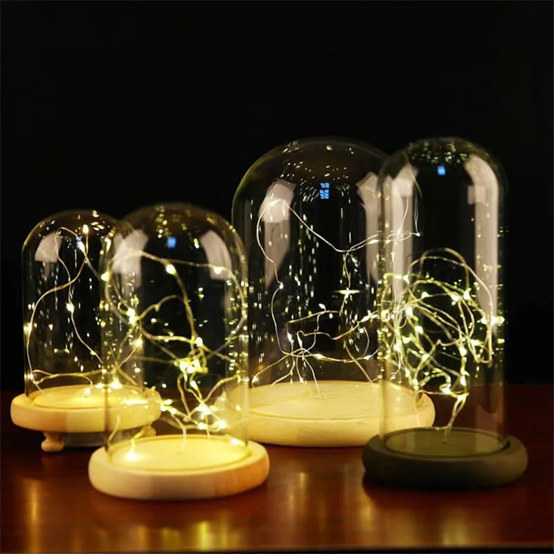 

Transparent Glass Cover Flower Cake LED Light Display Bell Dome Cloche Wooden Base Shop Wedding Christmas Gift Decor Bottle