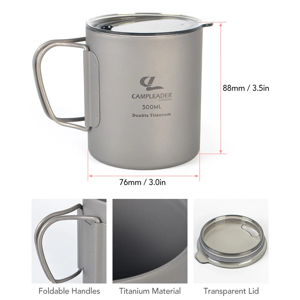 

300ml Double Wall Titanium Water Cup with Lid Lightweight Coffee Mug Tea Cup for Camping Hiking Backpacking Picnic