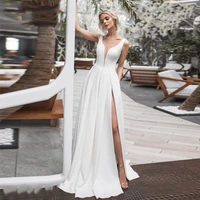 elegant simple side slit wedding dress white ivory satin bride dress open back sleeveless floor length wedding gown robe mariage