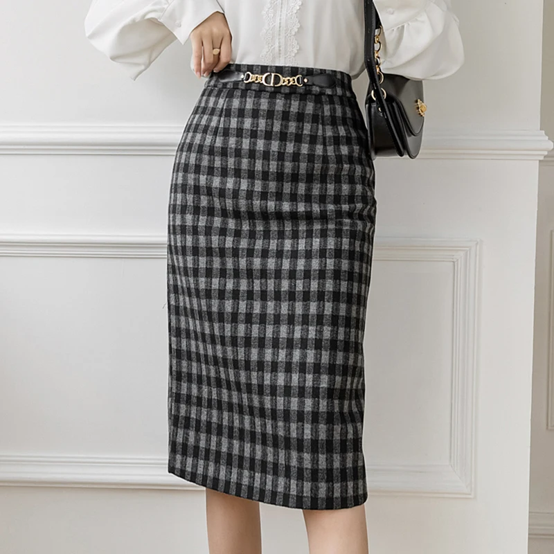 

Classic High Waist Plaid Woolen Skirt Women Autumn Winter Elegant Ladies Midi Skirts Plus Size Pencil Skirt jupe femme