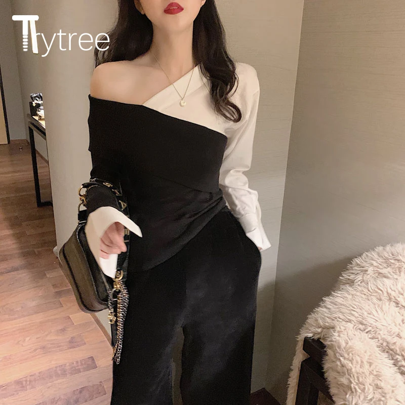 Весенняя женская блузка Trytree Повседневная Лоскутная Блузка с косым воротником из