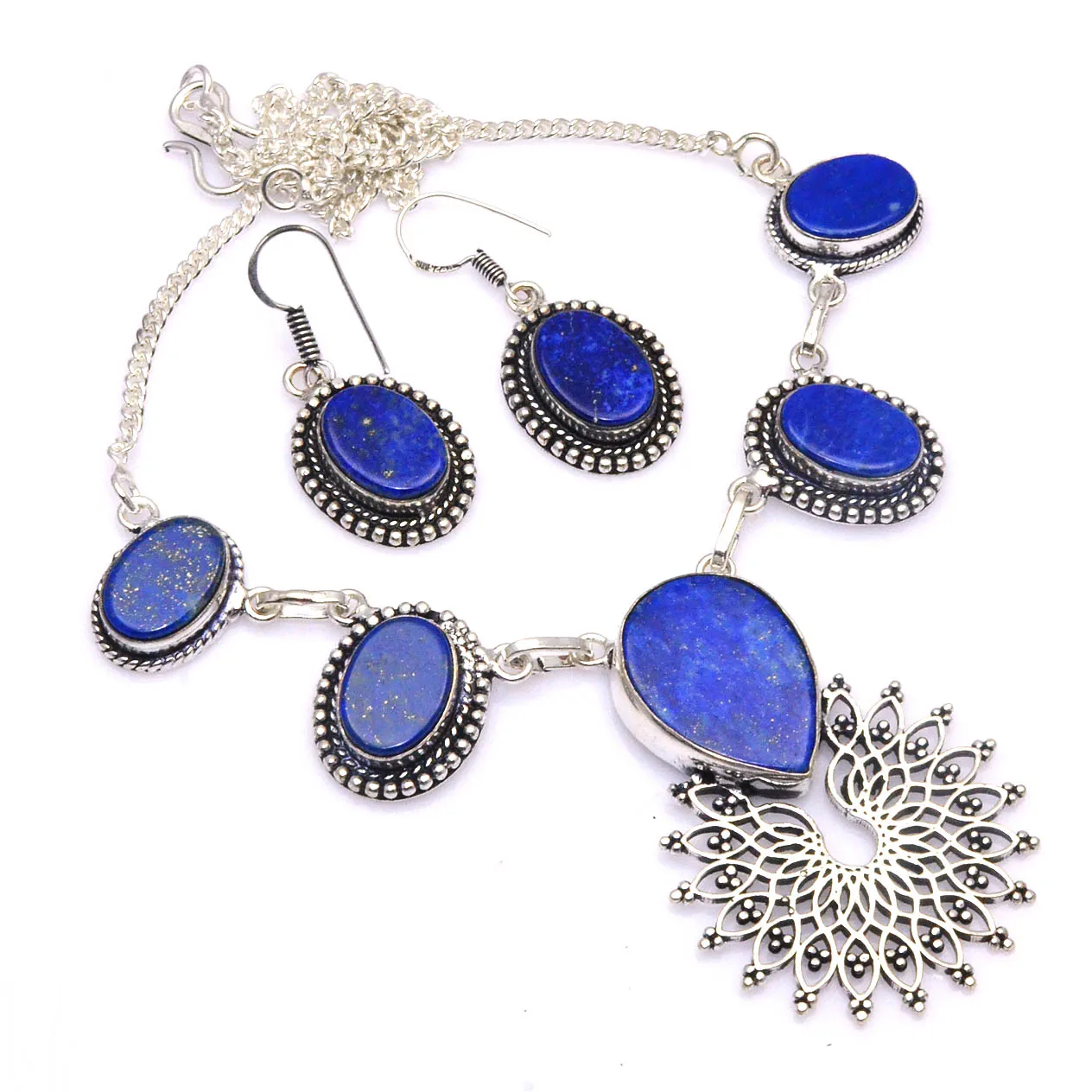 

Genuine Lapis Lazuli Necklace + Earings Silver Overlay over Copper, 45 cm , N4682