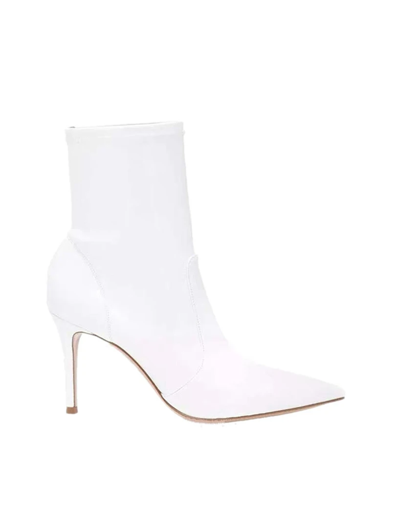 

White pointy booties women's autumn/winter 2020 new patent leather stilettos and velvet elastic thin boots Martin boots