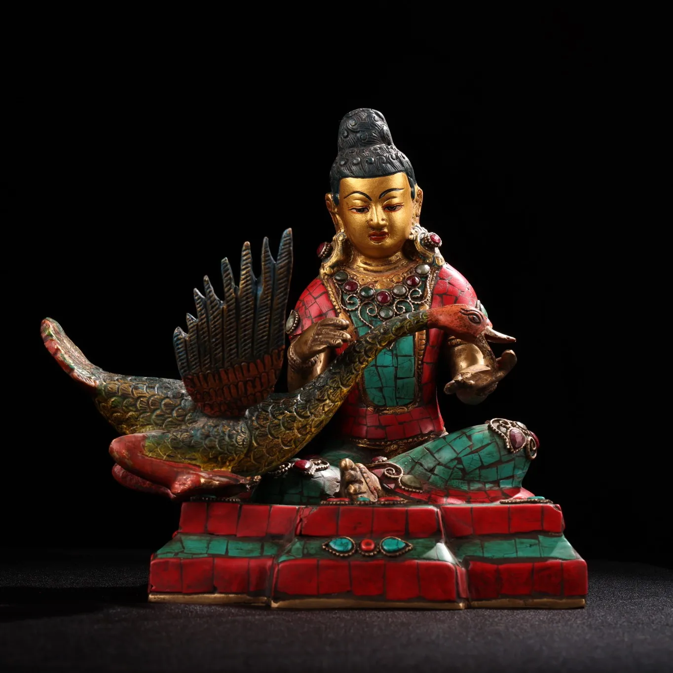 

10"Nepal Temple Collection Old Bronze outline in gold mosaic Gem Auspicious Crane Mother Duck Buddha statue Sitting Buddha