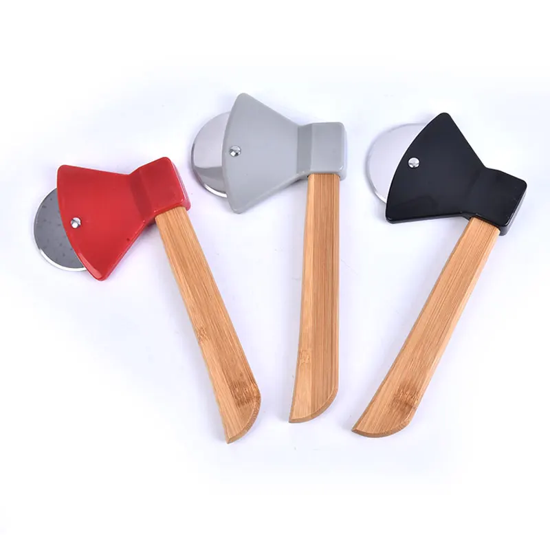 

Axe Bamboo Handle Pizza Cutter Rotating Blade Home Kitchen Cutting Tool