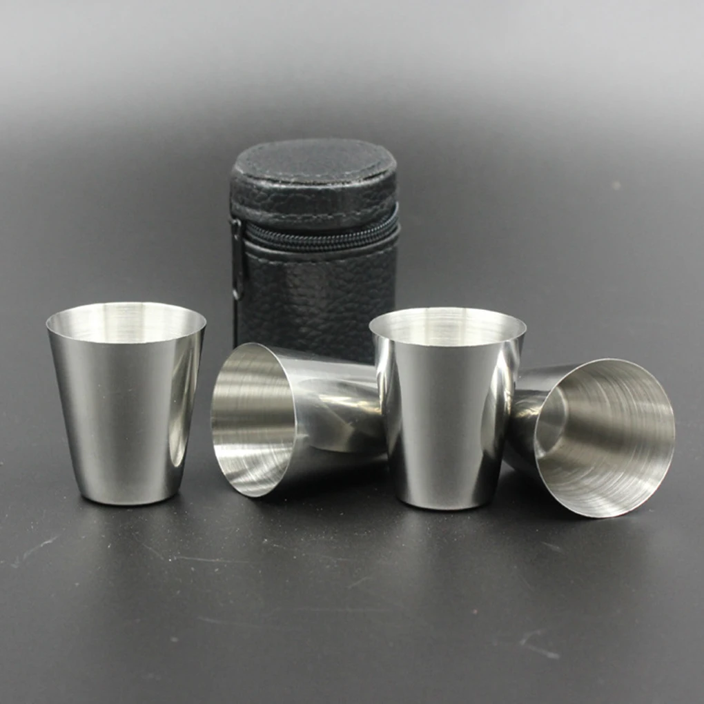 

4pcs / set Polished 30ML Mini Shot Glass Stainless Steel Wine Glass Cups With Leather Cover Bag Home Bar Kitchen