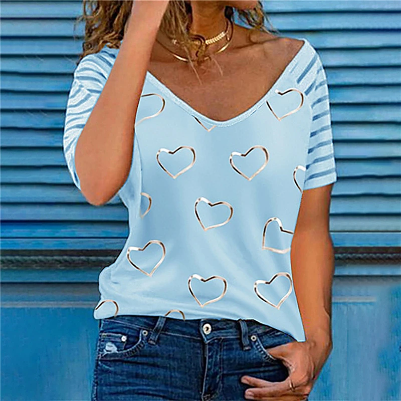 

Women Summer Heart Print T-Shirts For Streetwear Fashion Decor V-Neck Short Sleeve Casual Loose Sexy Pullovers Tops