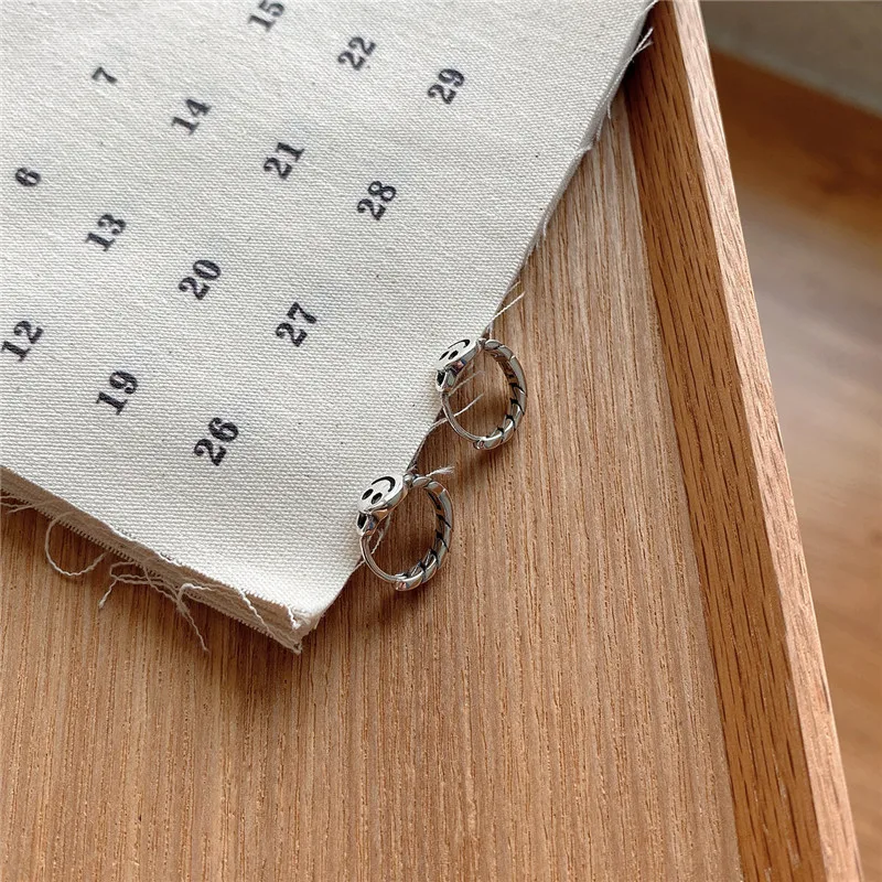 

POFUNUO Real 925 Sterling Silver Nordic Girls Simplicity Cute Smile Face Stud Earrings Women Handmade Weaving Smile Face Earring