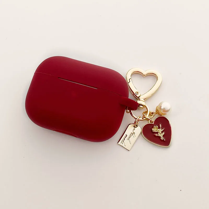 Vintage Roses Pearl Keychain Wine Red cute silicone Case For Airpods 2 1 For Air pods Pro Wireless Earphone soft Cover Box enlarge