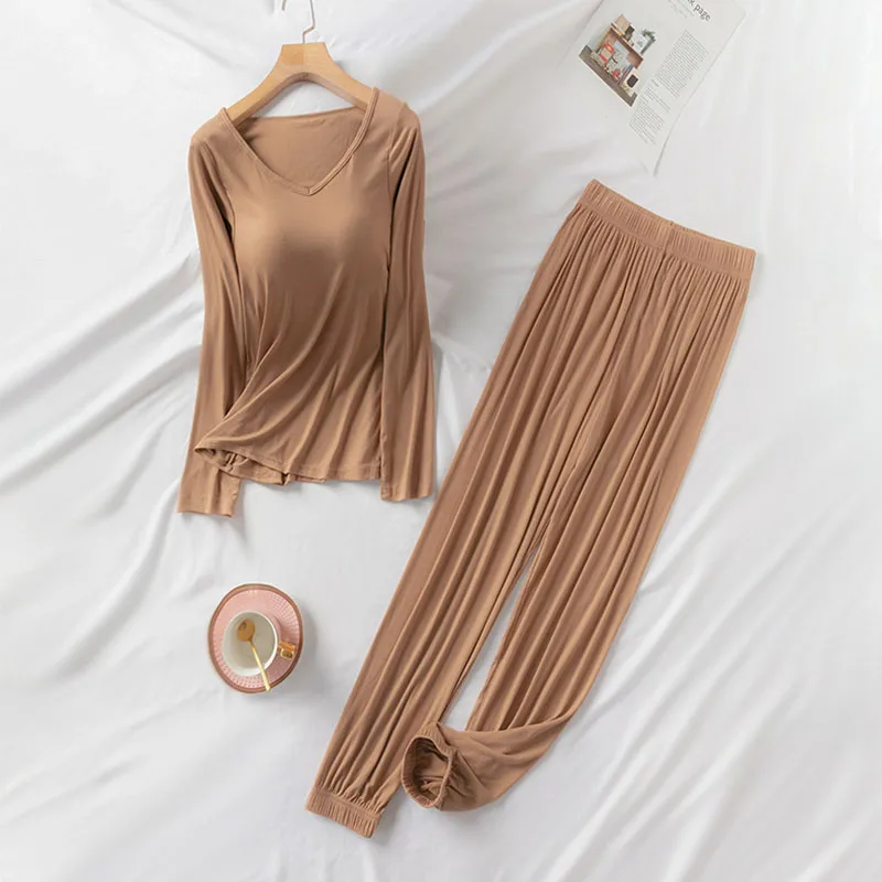 AECU Women Modal Pajamas Sets Autumn Winter  Padded Top Long Sleeve O-neck T-Shirt All Match Tee Long Johns Bra-T Homewear