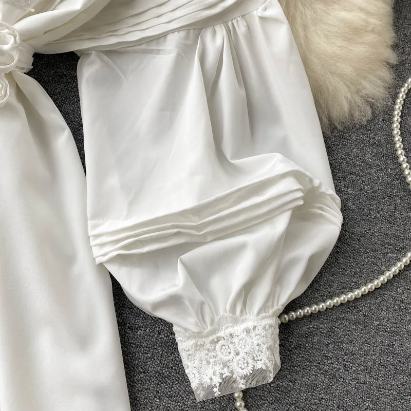 

Fashion Spring Long Lantern Sleeve Strand Collar Single Breasted Loose Dress Elegant Female Vestidos Women White Dress