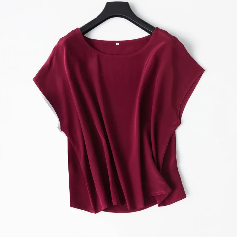 

Women Summer 100% Silk Blouse O neck Short sleeve casual natural silk blouses Wine Red real silk basic summer shirt tops