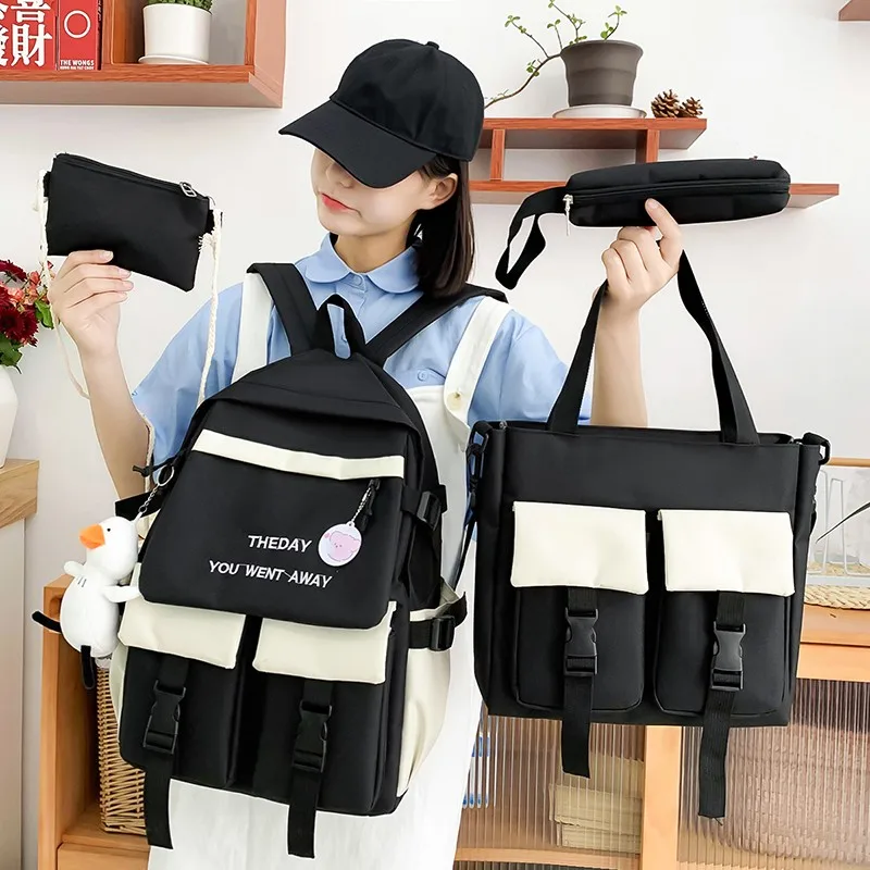 

4-piece Fashion Women's Backpack Trendy Canvas Waterproof School Bag For Girls Large Capacity Backpacks With Many Pockets