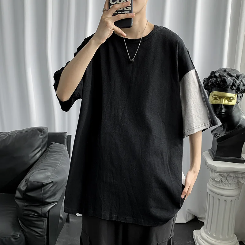 

100% Cotton Patchwork Short Sleeve Men T Shirt Summer Fashion Harajuku Oversized Punk Casual Reverse Clothes Teen Streetwear Top