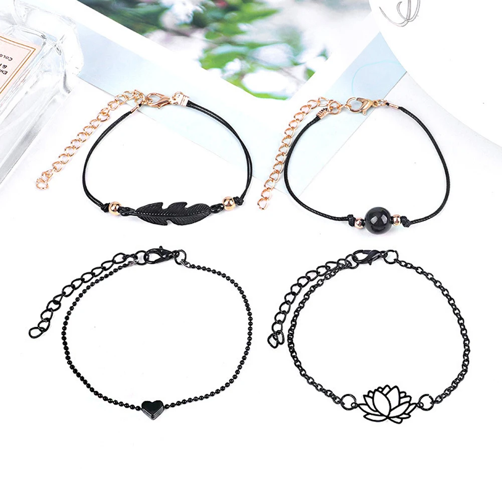 

2021 New Fashion 4PCS Gothic Black Feather Lotus Bracelets Set Heart Charm Boho Bangles For Women Wrist Chain Bracelets