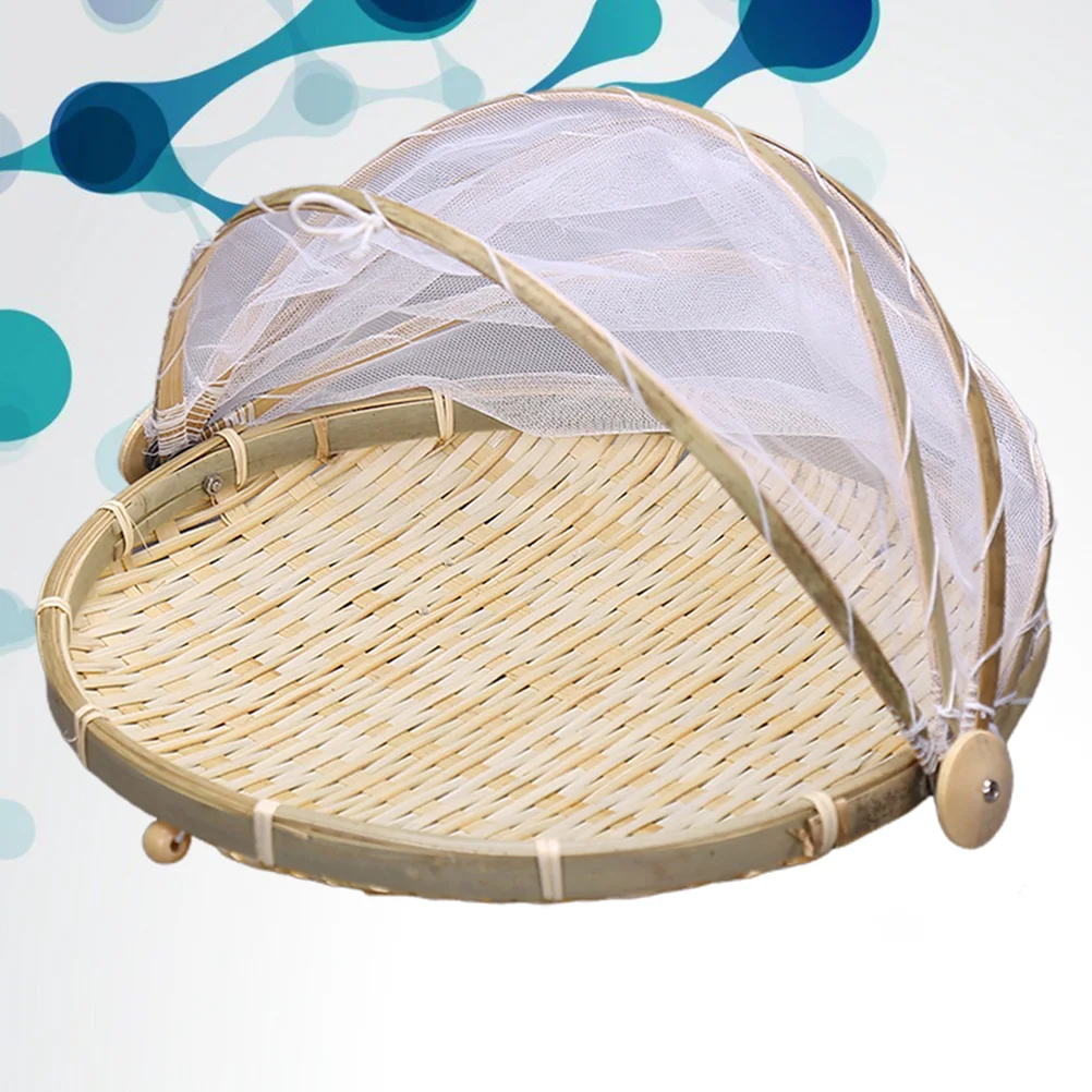 

1Pc Hand Woven Bug Proof Basket Fruit Vegetable Bread Cover Bamboo Basket With Gauze Picnic Basket (Khaki Siz