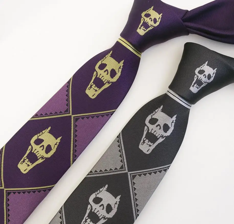 Галстук для косплея Anime JoJos Bizarre Adventure Kira Yoshikage KILLER QUEEN Skull Purple Grey Tie 7cm Party Cos Prop.