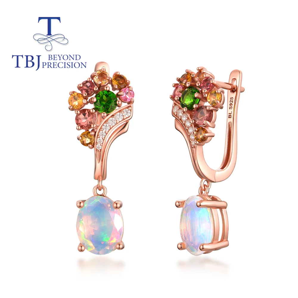 

TBJ,amazing colorful opal tourmaline clasp earring 925 sterling silver with natural gemstones fine jewelry for women nice gift