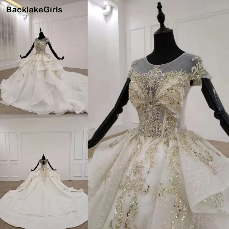 Роскошное белое Свадебное Платье со шлейфом и О-образным вырезом с коротким