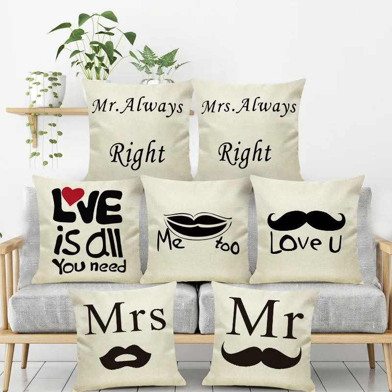 

Mr. Mrs. Right Beard Lips Couple Pillowcase Composite Linen Throw Pillowcase Pillow Cover Sofa Cushion Cover