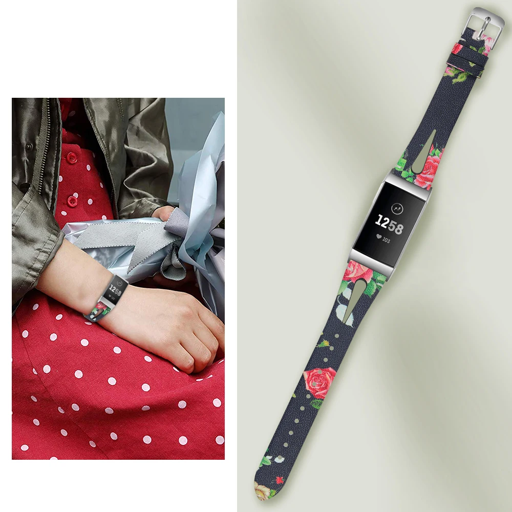 

For Fitbit Charge 3 Leather Band Printed Smart Watch Strap Sport Breathable Belt For Fitbit Charge 4 Bracelet Accessories