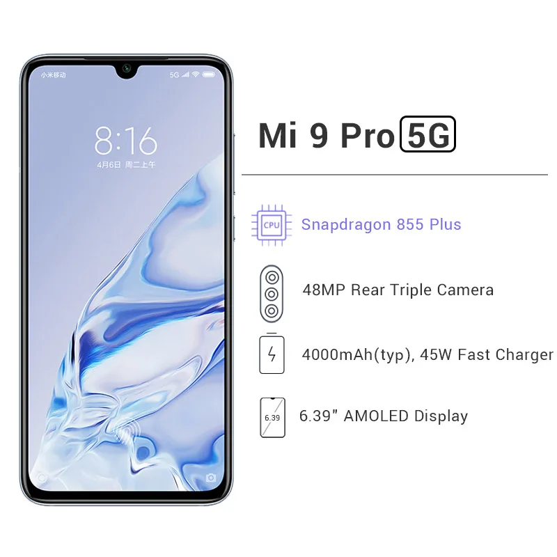 Смартфон Xiaomi Mi 9 Pro 5G Nerwork, 12 Гб, 256 ГБ, Восьмиядерный процессор Snapdragon 855 Plus, 48мп, тройная задняя камера 6,3" VC LiquidCool, NFC