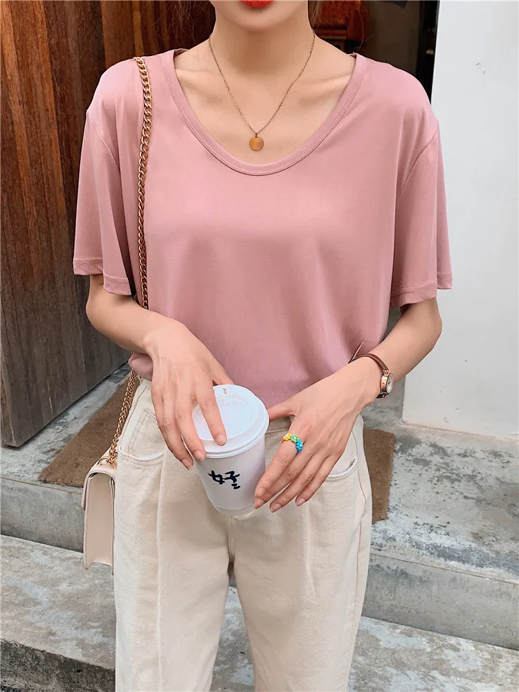 Базовая стильная крутая облегающая большая футболка с U образным вырезом и